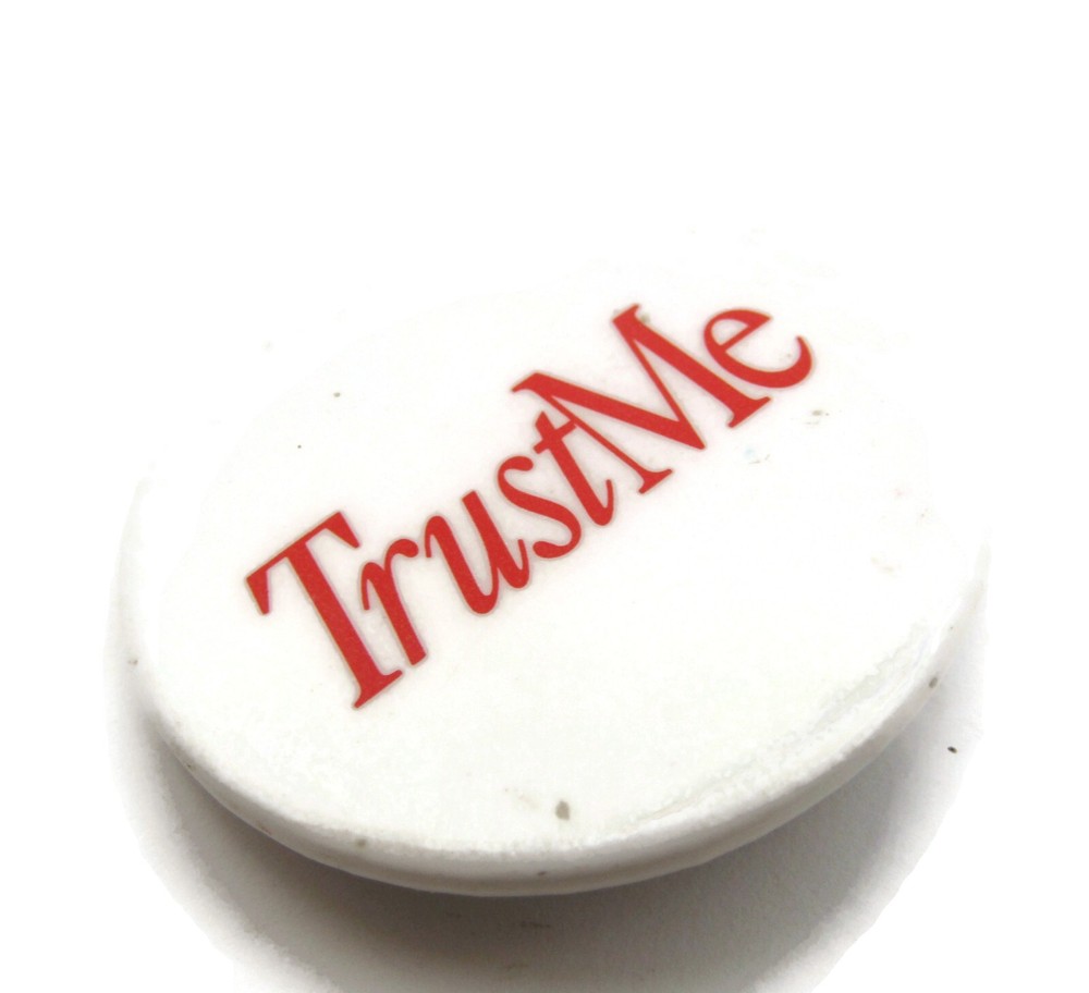 Vintage "Trust Me" Pinback Button Red Script Slogan Funny Ironic Lapel Pin