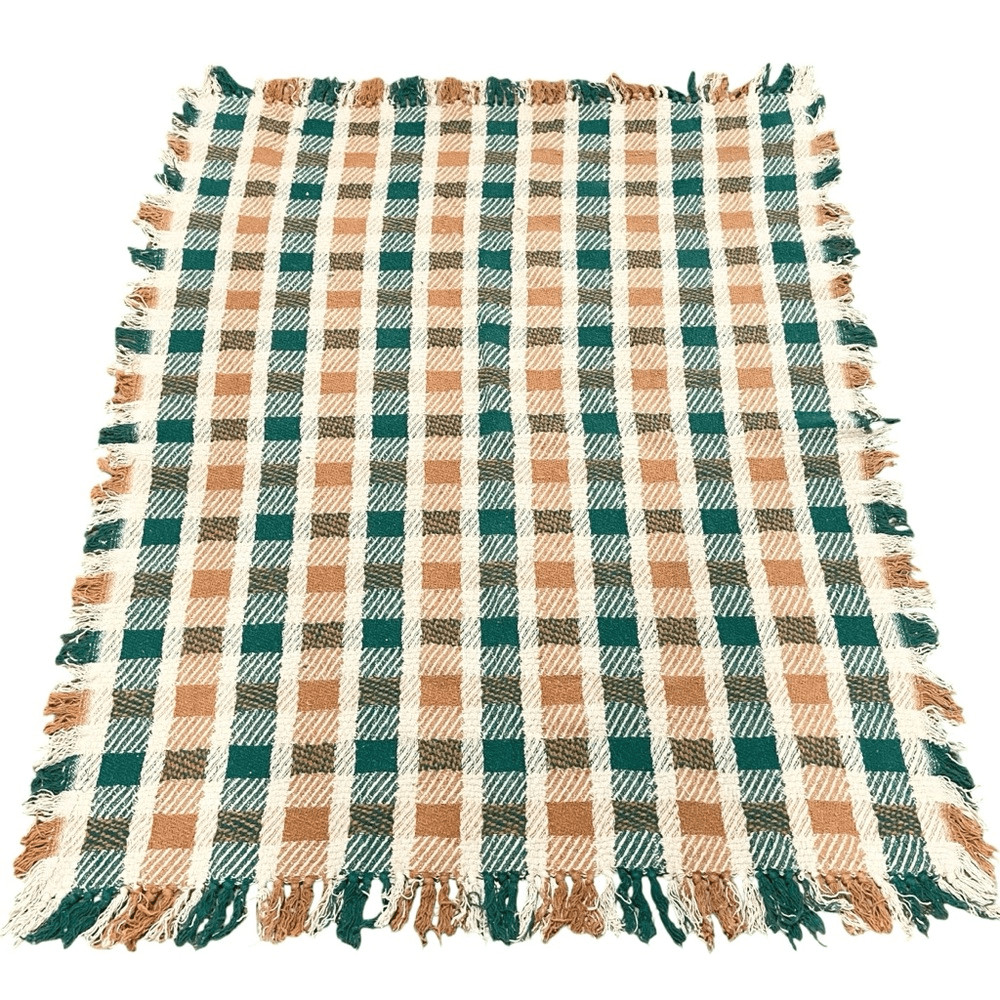 Boho Checkered Throw Blanket with Fringe in Blue and White