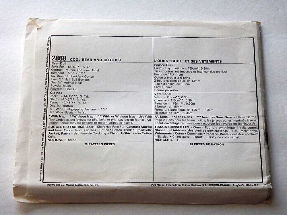 McCall's 2868 COOL BEAR & Clothes ©1986 UC FF