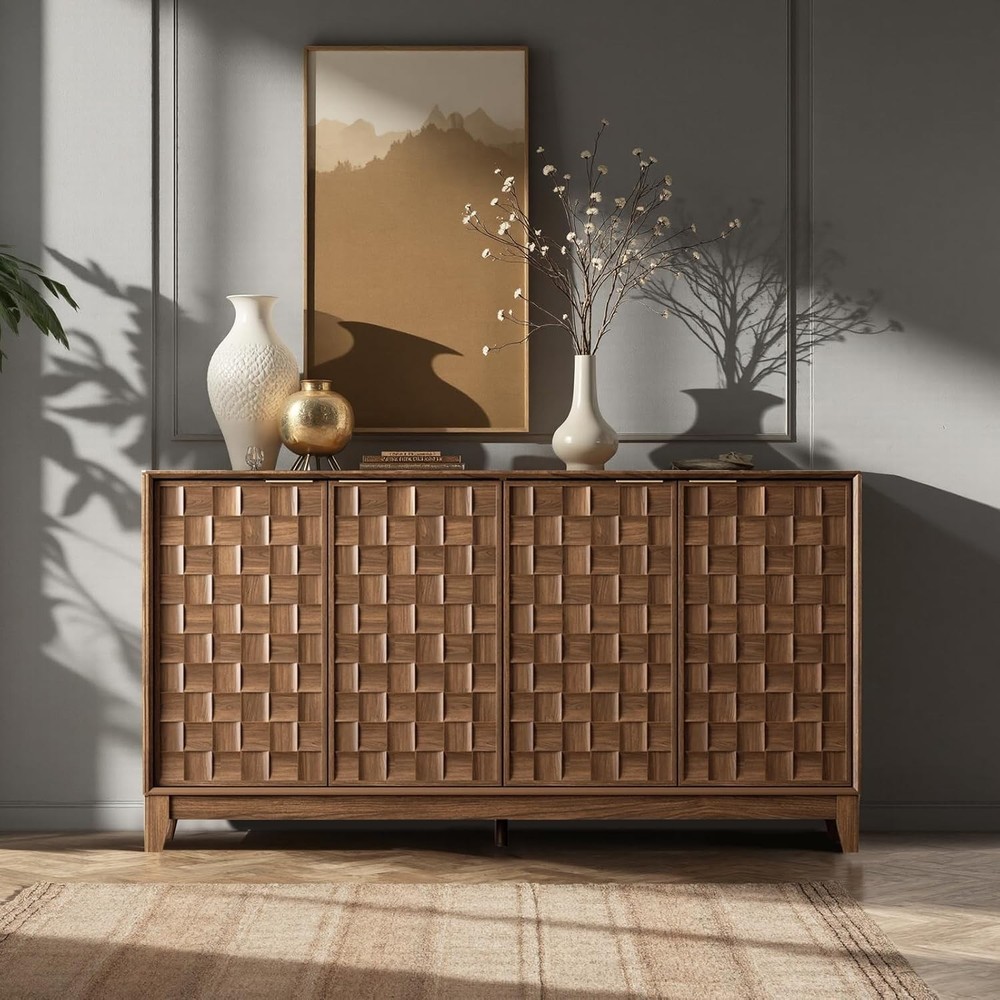 Walnut Mid Century Modern Fluted Sideboard Cabinet with Ample Storage