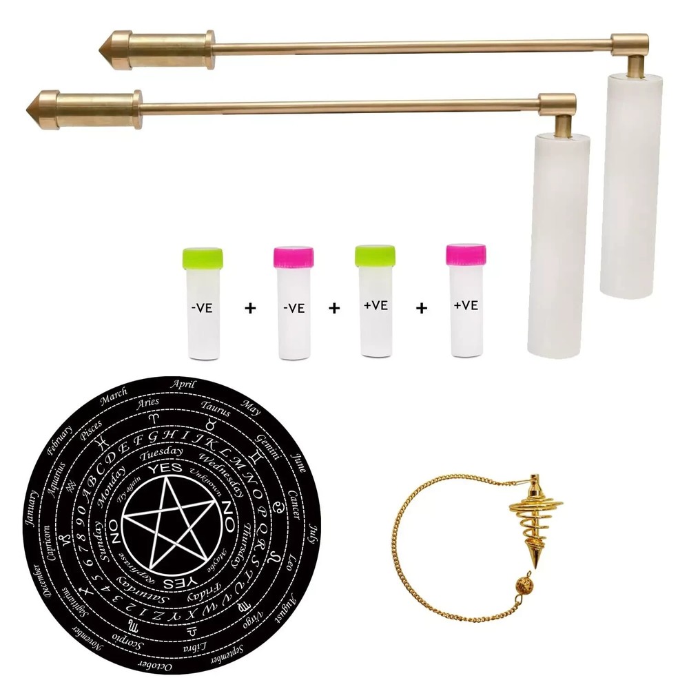 Full Brass Dowsing L Rods Pair WHITE PLASTIC HANDLE with (Pendulum Board,Pendul