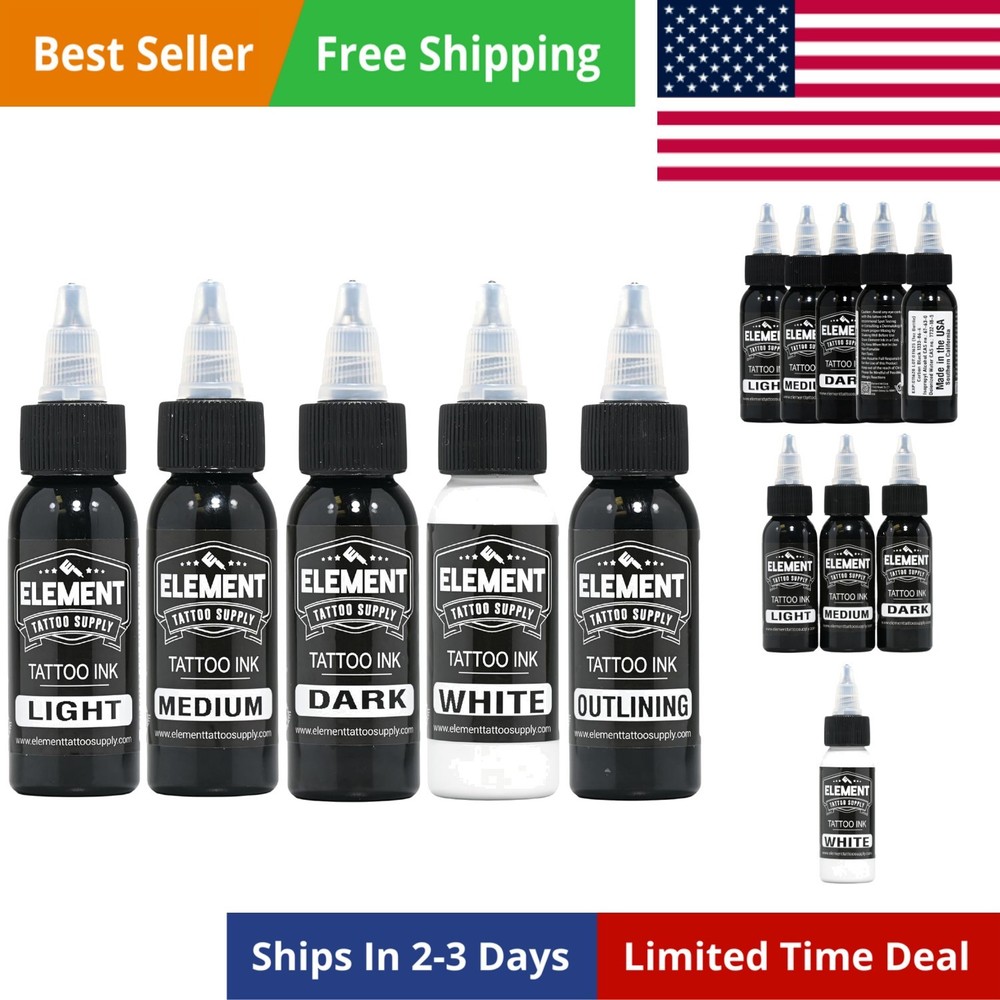 Greywash Tattoo Ink Set Light Medium Dark Blend Nighthawk Black Element White...