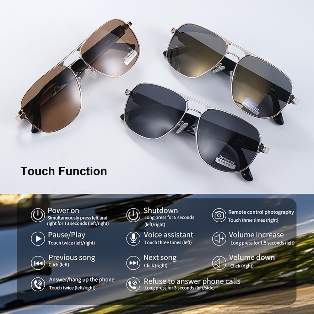Bluetooth Sunglasses with Touch Control, UV400 Polarized Lenses, Built-in Mic...