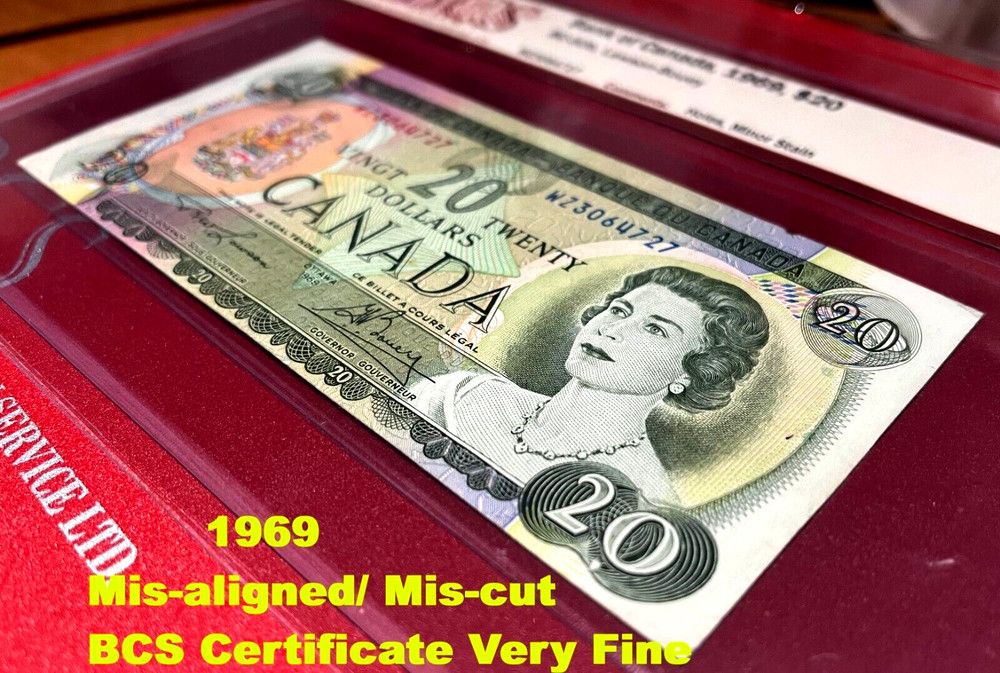 💥MISCUT/MIS-ALIGNED💥 *BCS Certification* 1969 $20 BC-50b, Very Fine