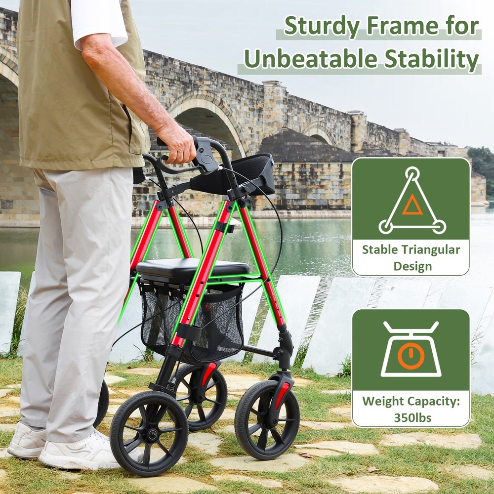 Rollator Walker with 10" Big Wheels - All Terrain, Foldable Adjustable,Reinforce