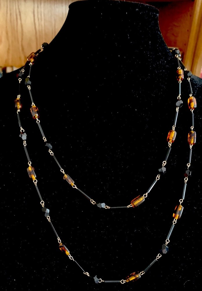 Black & Amber Bead Necklace 50” Shown Double