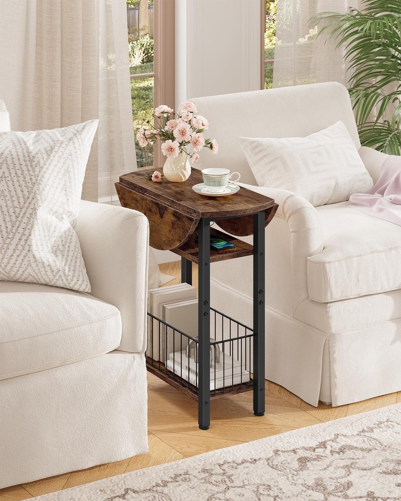 Folding Side Table with Charging Station, 3-Tier Narrow End Table with Foldin...