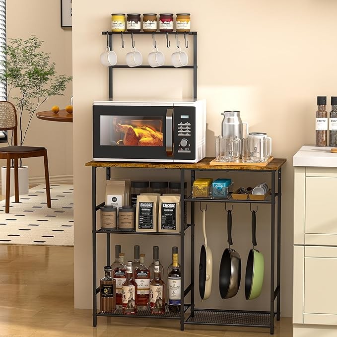 Baker's Rack for Kitchen with Storage, Microwave Stand with Adjustable Shelves