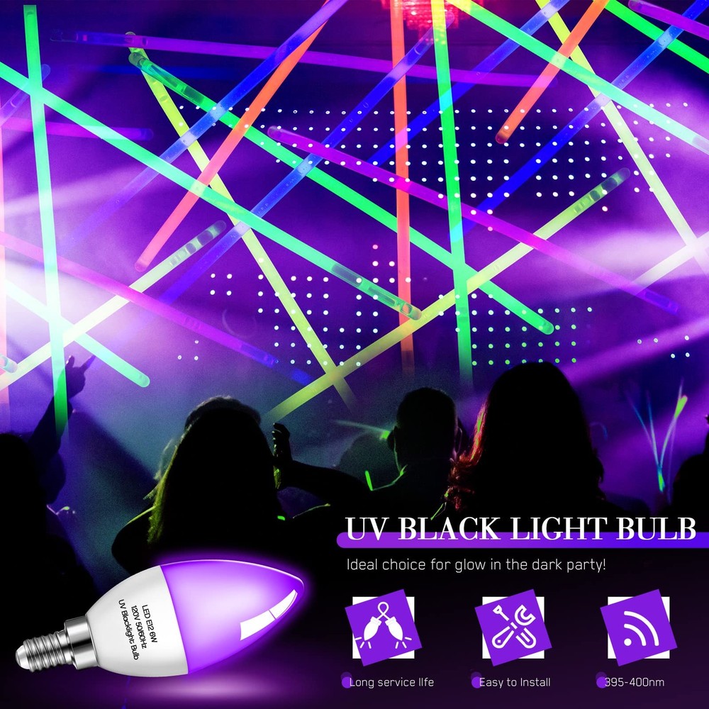 Qualirey 4 Pieces LED Black Light Bulb 6w E12 Base Blacklight Candle Bulb...