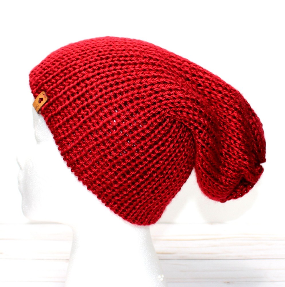 Hand Crocheted Red Glittery Yarn Hat, Double Sided / Reversable Use