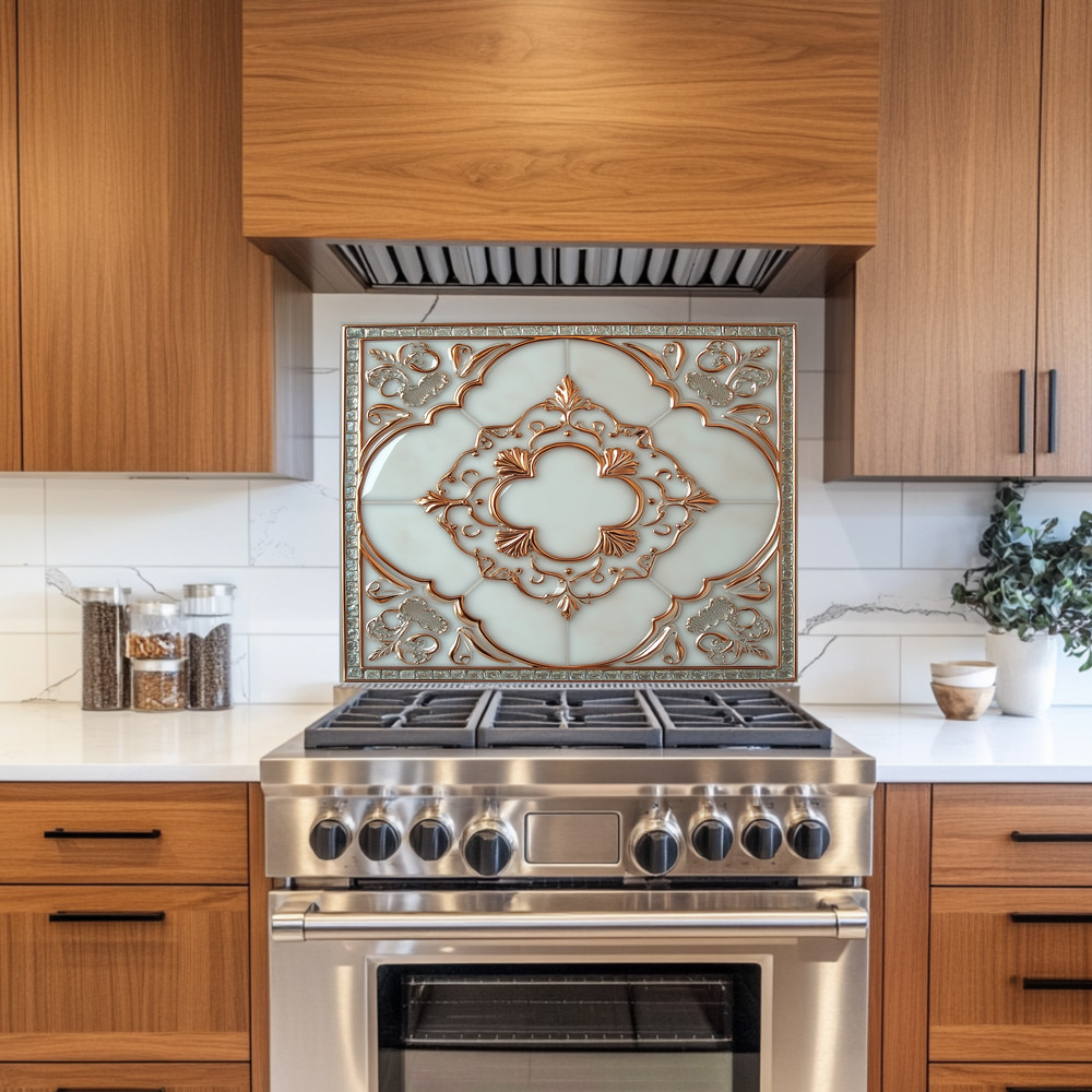 Glass Backsplash, Pattern Tile Look One Piece Tempered Glass Kitchen Splashback
