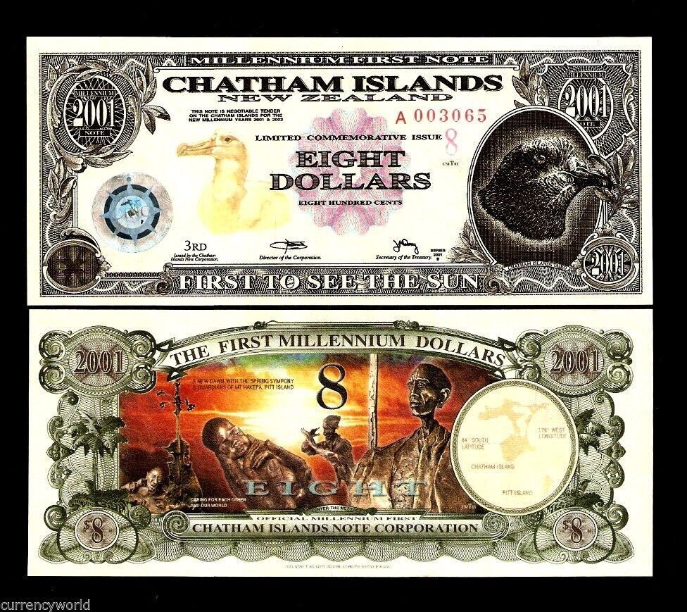 CHATHAM 8 DOLLARS 2001 Commemorative DUCK MAP POLYMER UNC TYVEK MONEY NZ NOTE