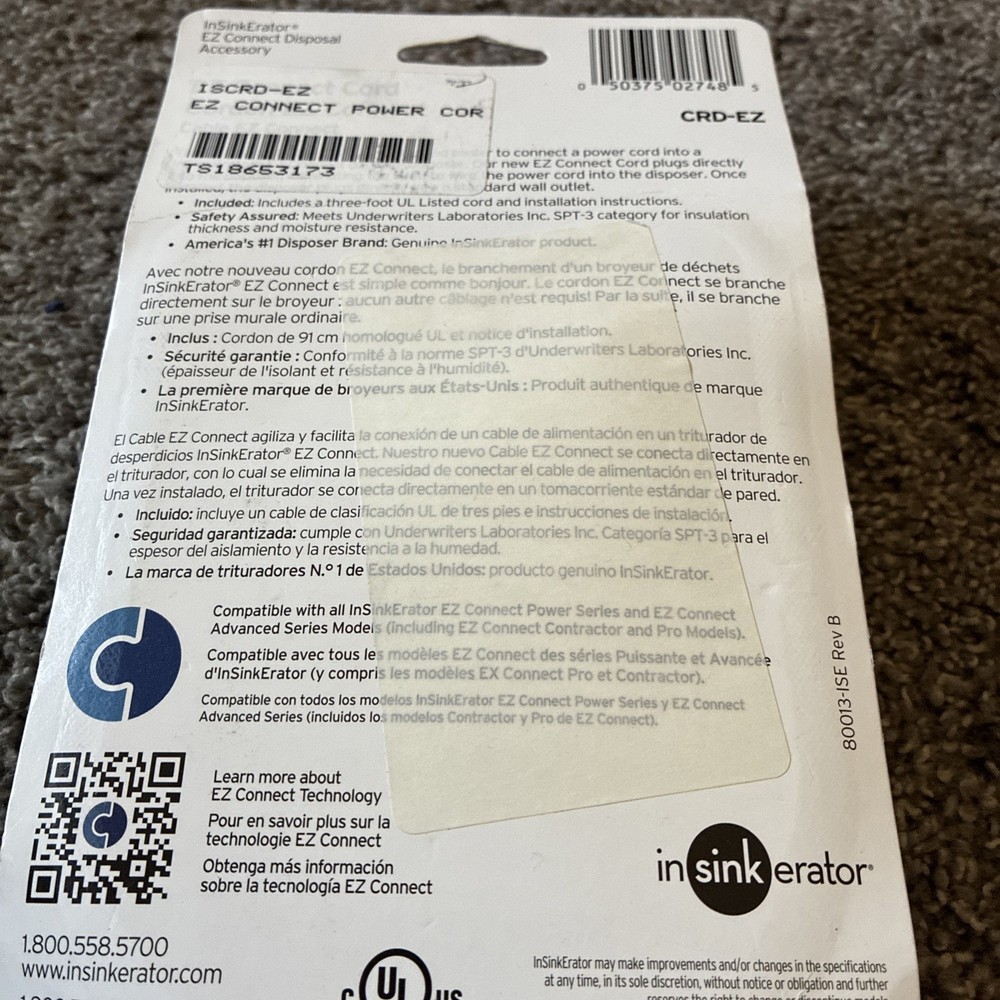 InSinkErator CRD-EZ Connect Power Cord 3 Ft For use on EZ Connect Disposals NEW!