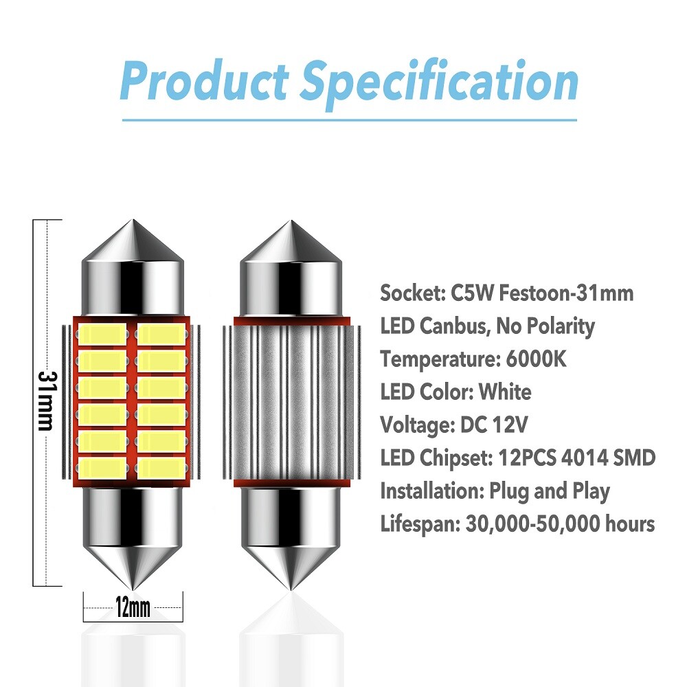 AUXITO 31MM Festoon DE3175 LED Map Dome Interior Light Bulbs 6000K White CANBUS