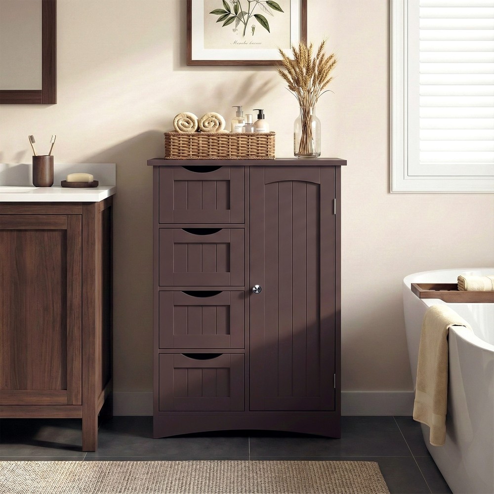 Brown Bathroom Storage Cabinet with Adjustable Shelf Floor Storage Cupboard