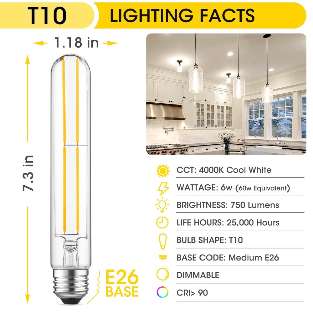 60W Equivalent Dimmable LED Bulb 4000K Cool White T10 Pack of 6