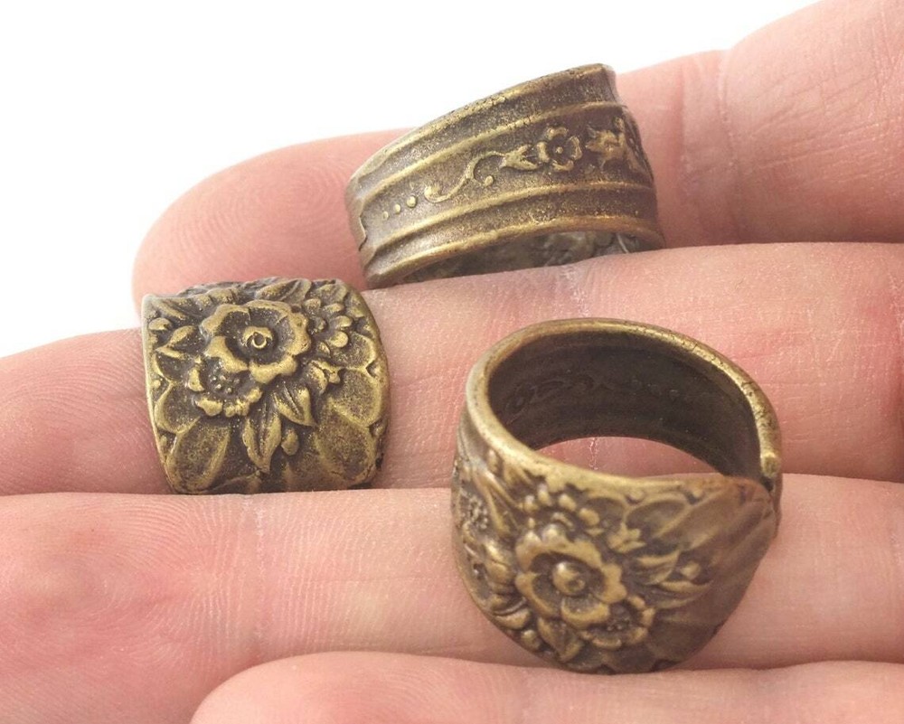 Spoon Ring Flower Patterned Adjustable Ring Antique Bronze Plated Brass 7US 759