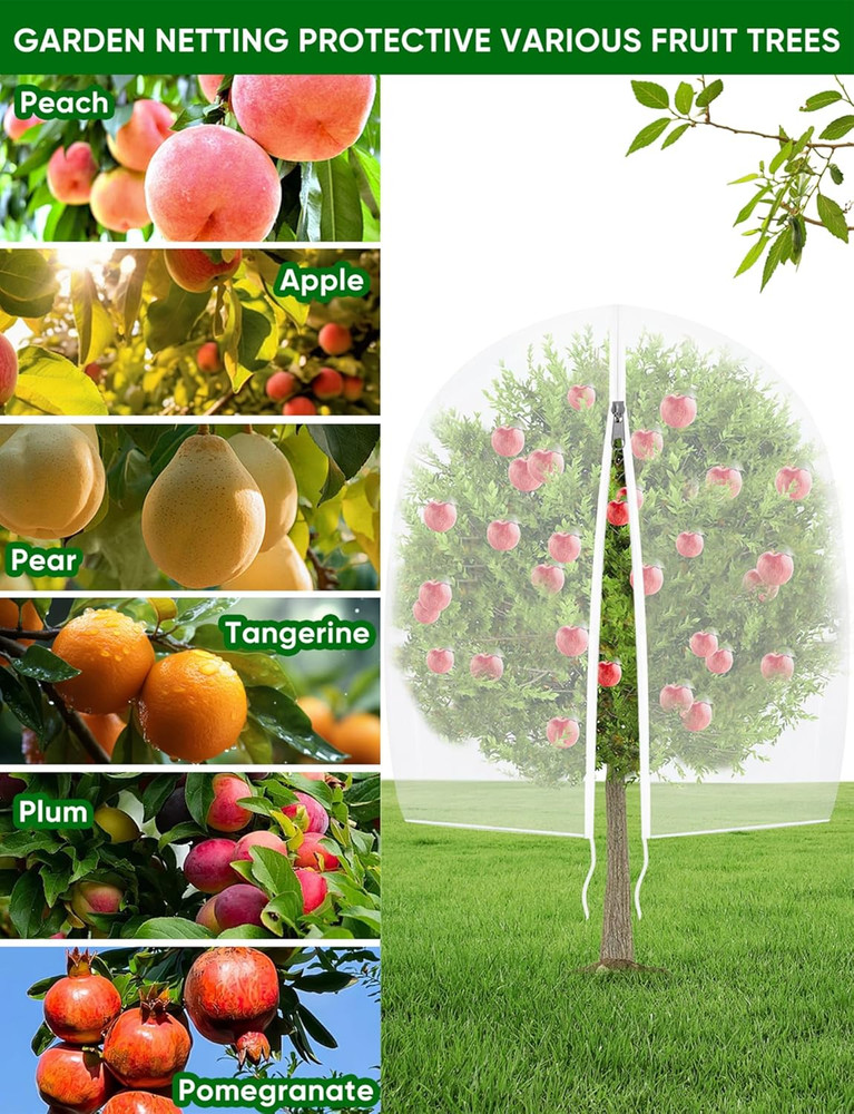 Large Fruit Trees Netting Zipper - 2Pcs 10X10 FT with Drawstring Bird-Proof,Dura