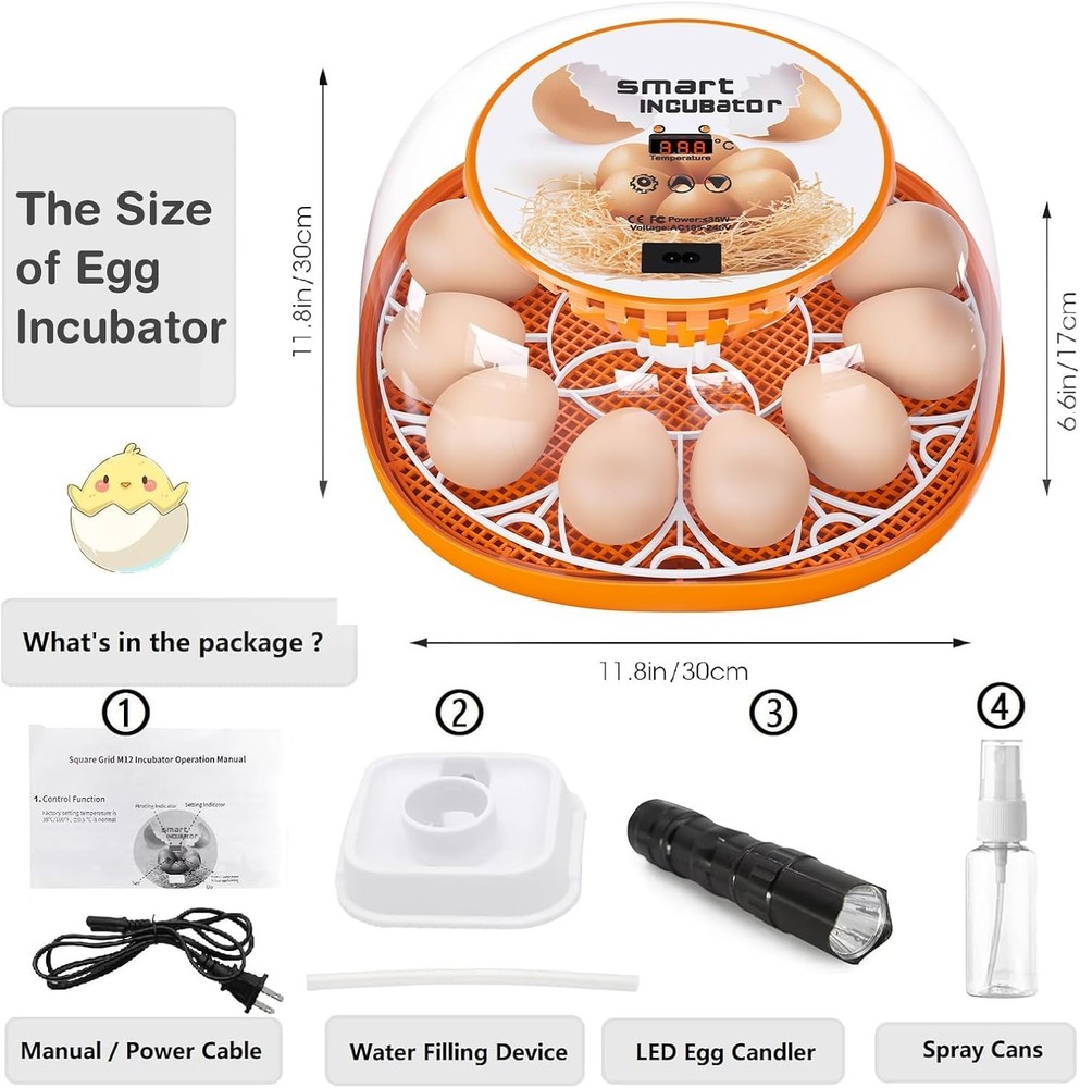 12 Egg Incubator with Automatic Egg Turning and Temperature Control, Automati...