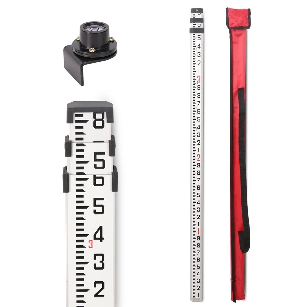 9ft Dual-Sided Telescoping Leveling Rod, 3 Sections, Bubble Level & Carry Case
