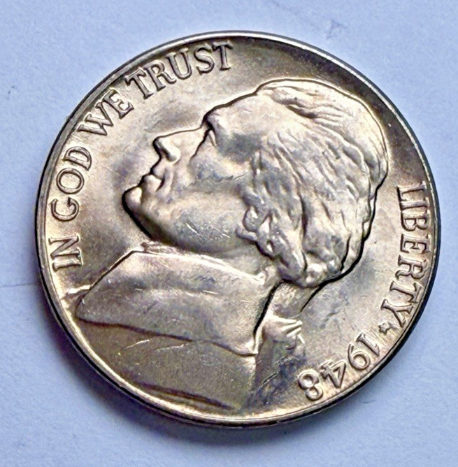 1948-D Jefferson 5c ~ Uncir. GEM BU ~ Great Luster ~Multiple Steps~From Roll~N02