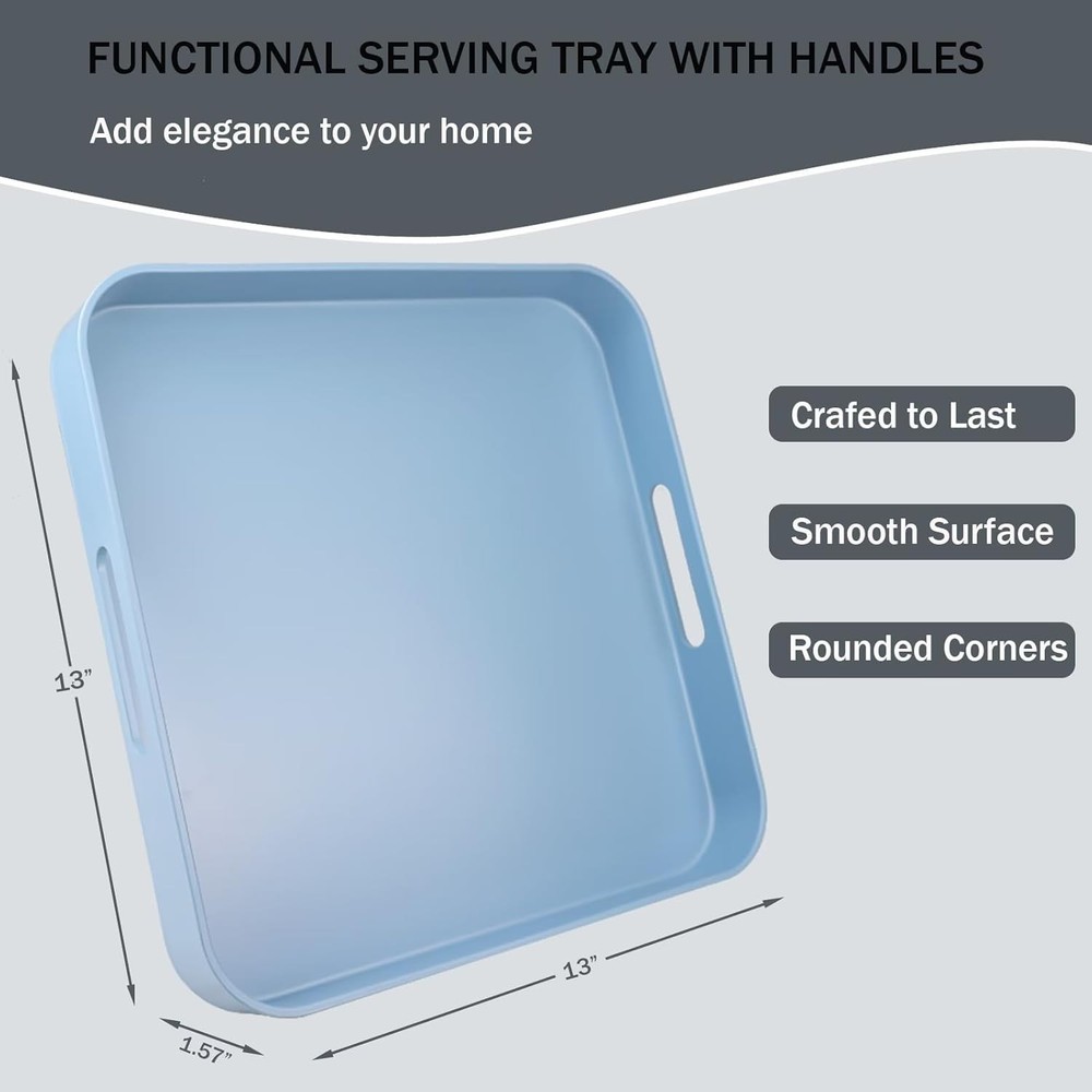 Square Blue Decorative Serving Tray with Handles, Versatile Ottoman