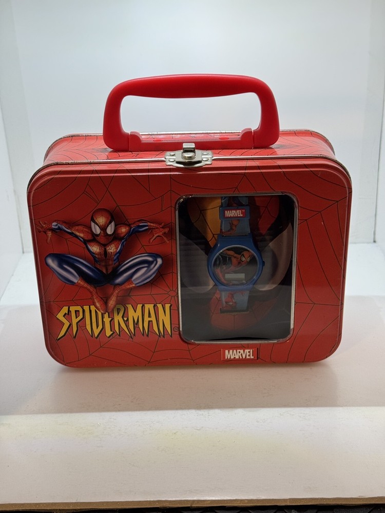 SPIDERMAN WRIST WATCH WITH COLLECTOR TIN LUNCHBOX 2002 Marvel Unused