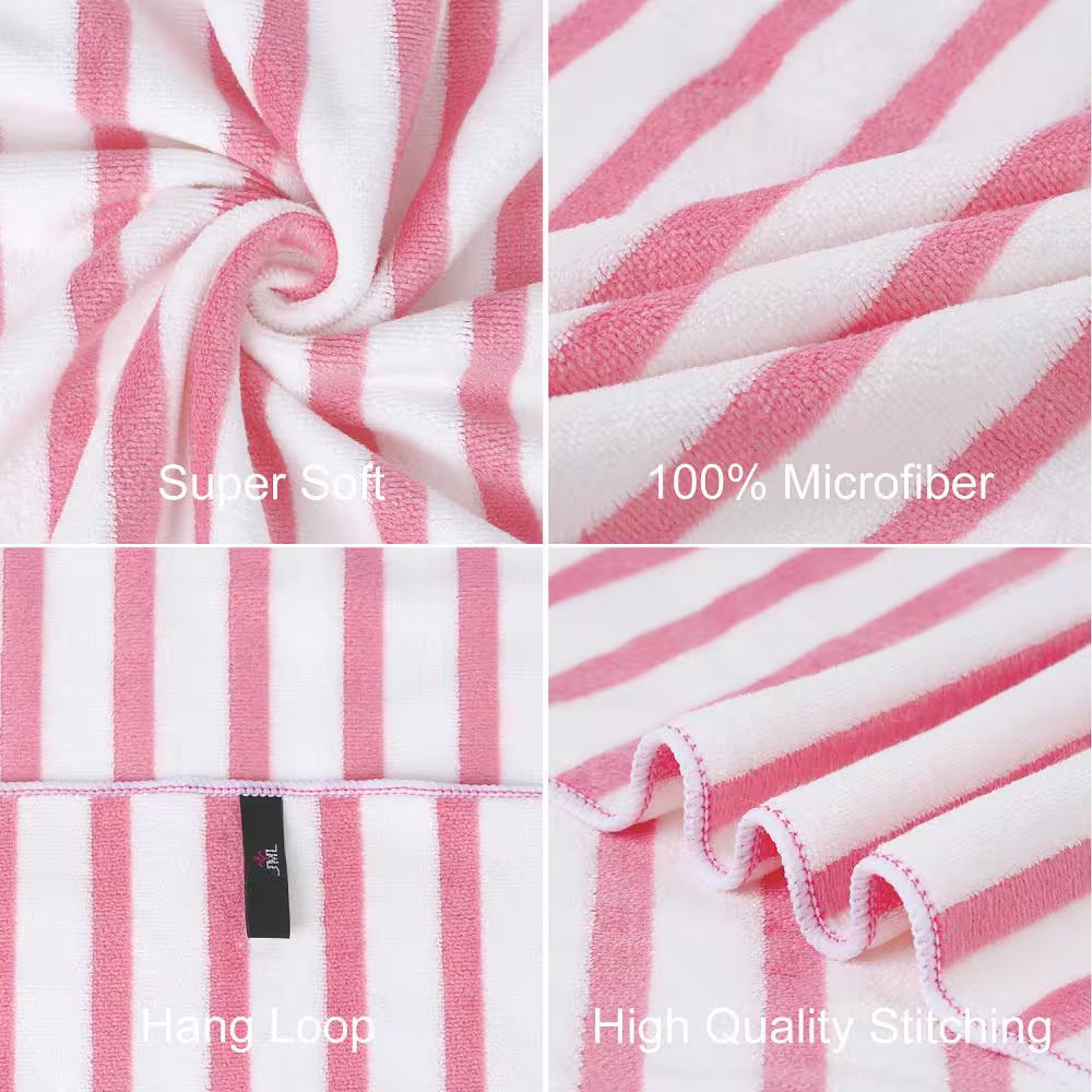 Microfiber Bath Towels Stripe Towel Sets Extra Absorbent Fast Drying Pink 2-Pack
