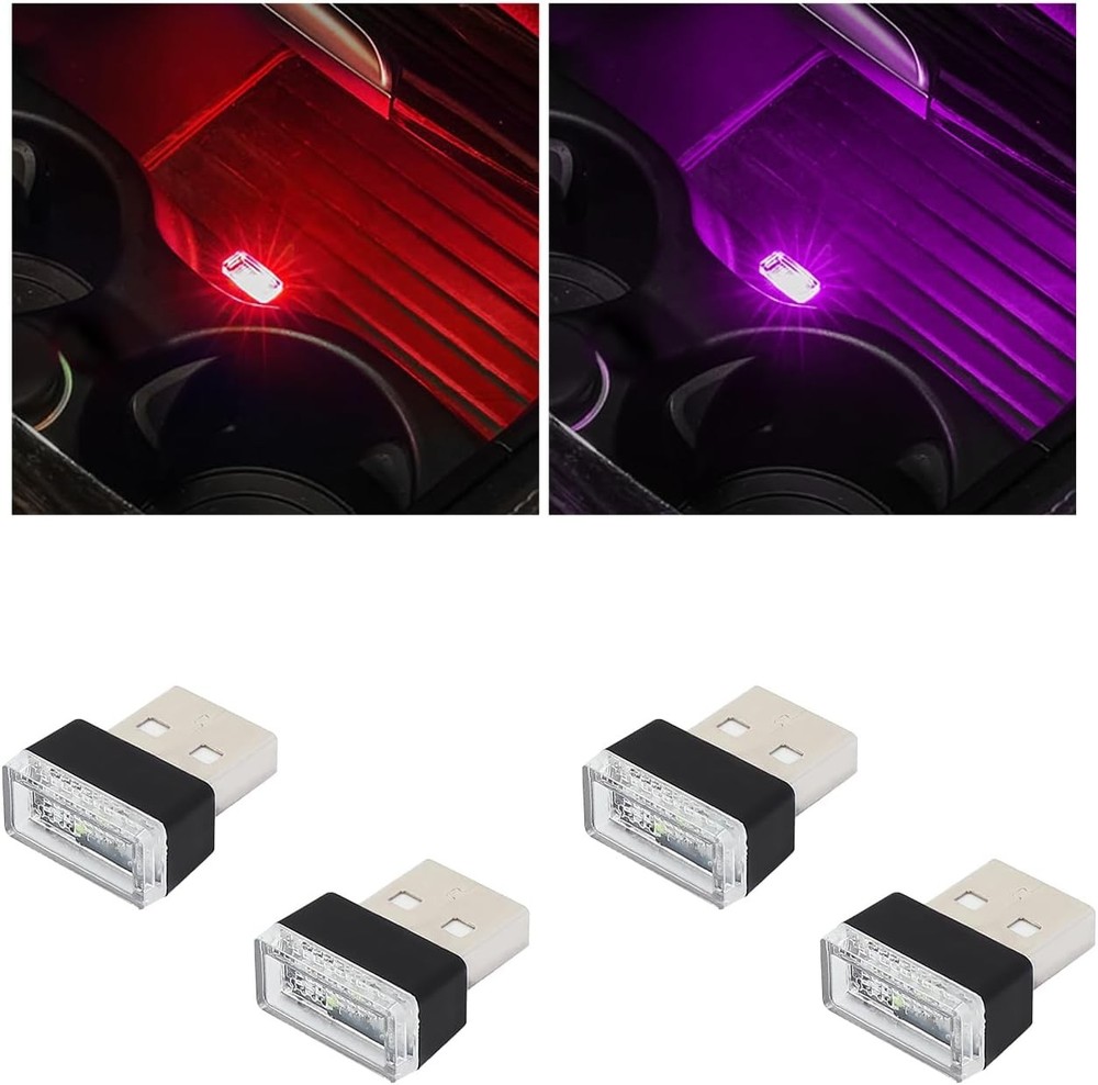 USB LED Car Interior Atmosphere Lamp 2 Red 2 Purple