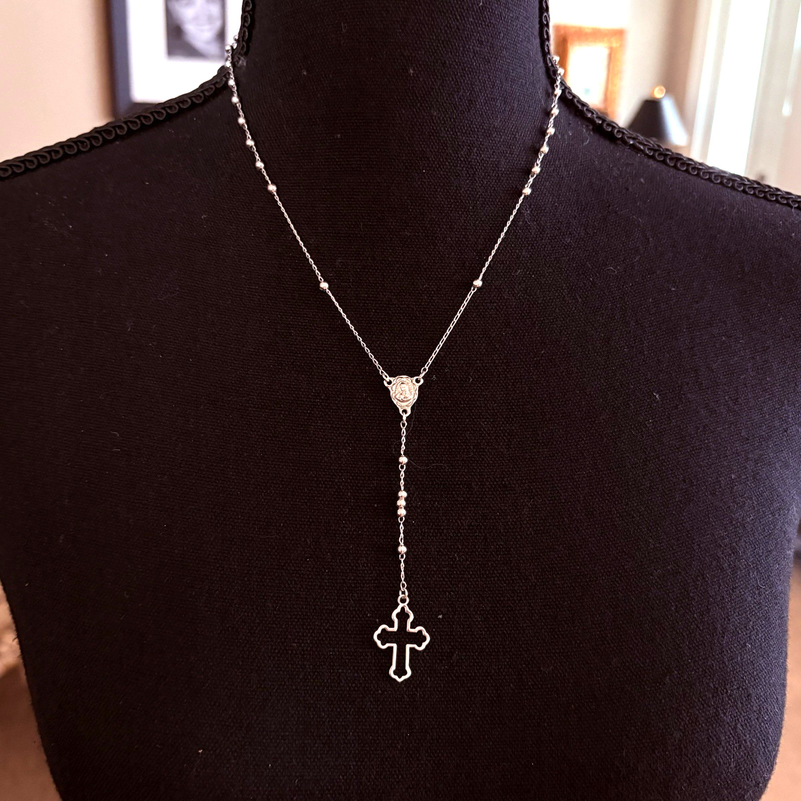 ATI Mexico 925 Sterling Silver Rosary Necklace 12" Guadalupe Medal