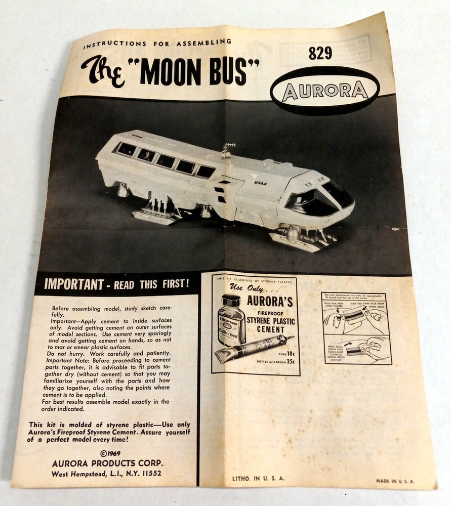 MOON BUS 2001 ALL-PLASTIC UNASSEMBLED MODEL KIT AURORA OPENED COMPLETE 1969