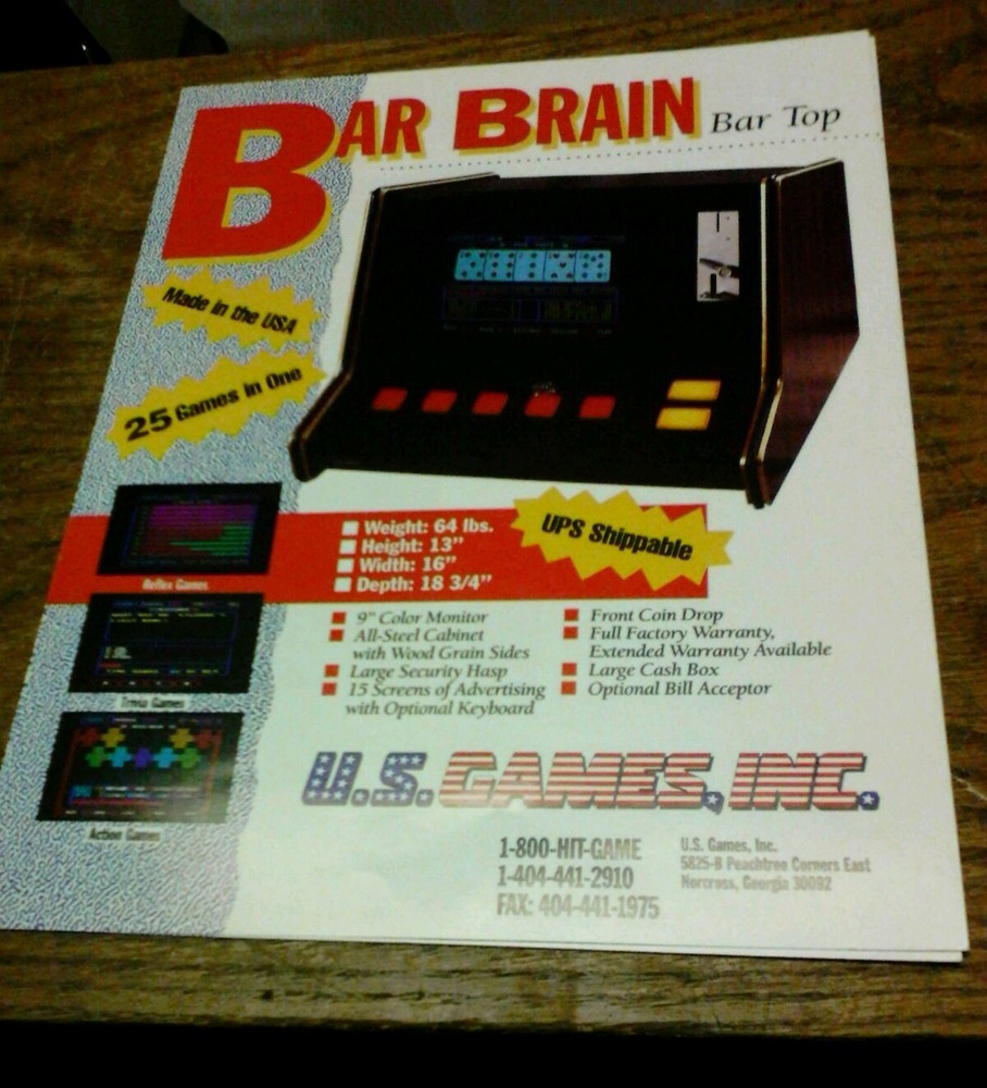U S.Games BAR BRAIN Arcade Video Game flyer- original