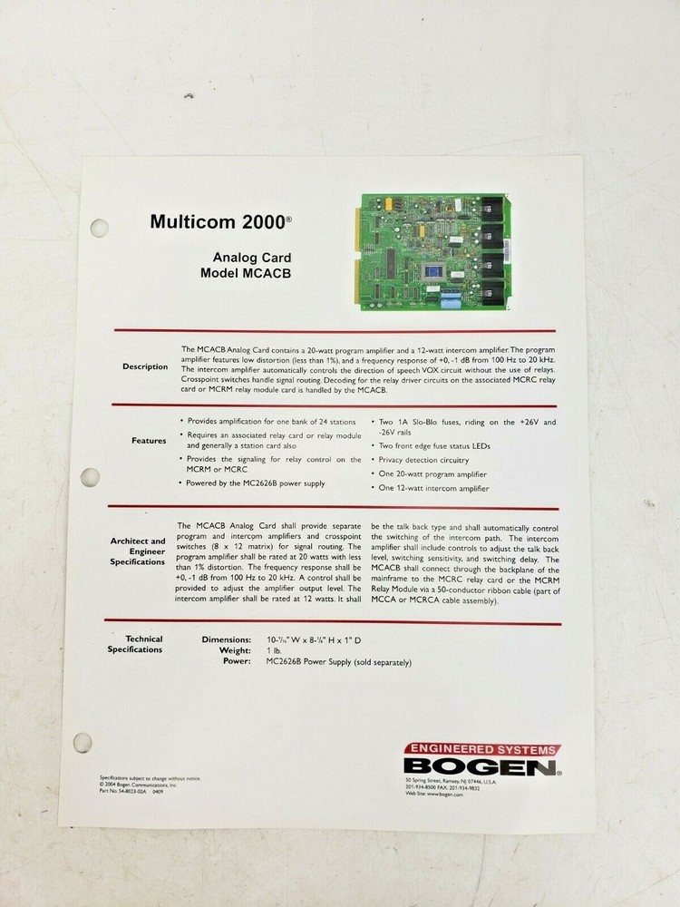 Bogen Multicom 2000 Analog Card MCACB Intercom System Used AS IS #9