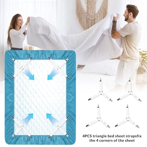 Bed Sheet Straps, 4-Pack Adjustable Bed Sheet Clips - Easy Install 4 Pack White