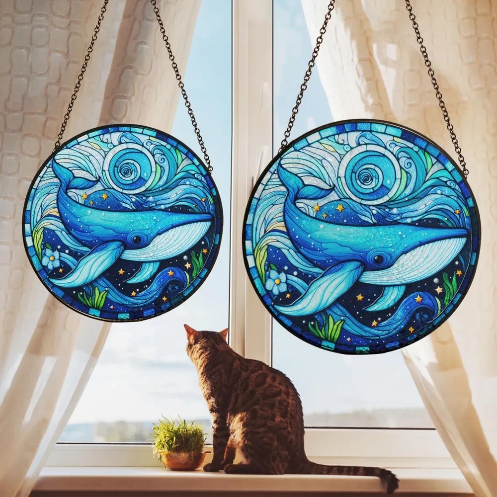 Personalized Blue Whale Stained Glass Suncatcher, Decor Gift