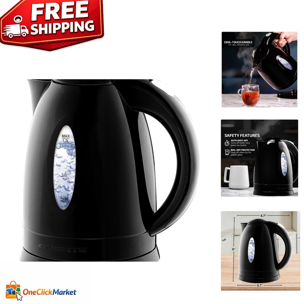 Efficient 1.7L Electric Kettle - 1100W Fast Heating with Removable Filter, Black