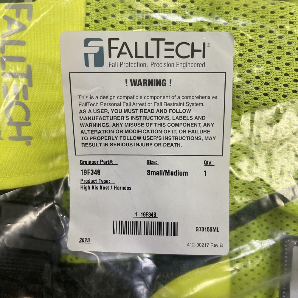 Falltech 7015Sml Full Body Harness, Vest Style, S/M, Polyester, Lime