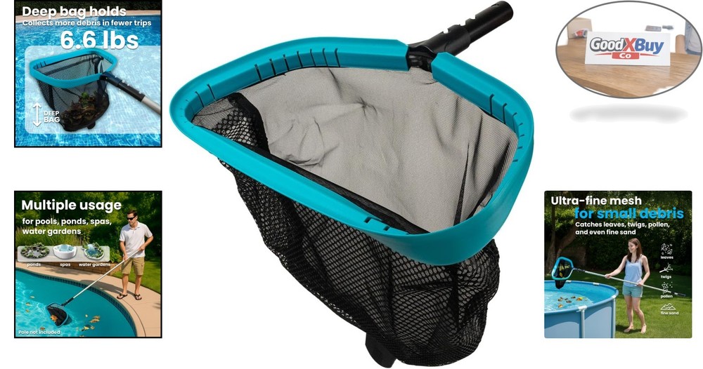 17-Inch Pool Leaf Skimmer Net Sturdy Aluminum Frame Deep Double Layer Easy Sc...