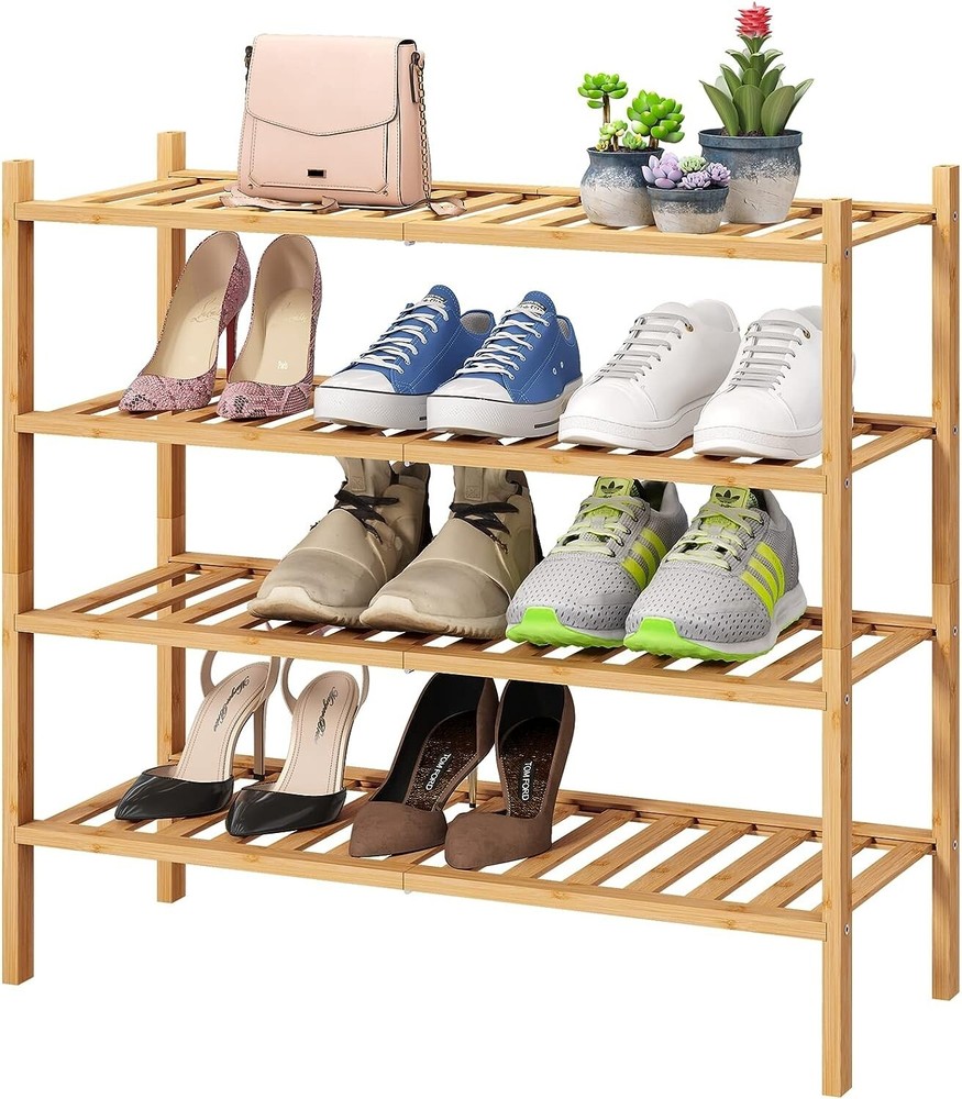 4-Tier Bamboo Shoe Rack for Entryway, Stackable | Foldable | Natural, Shoe Organ