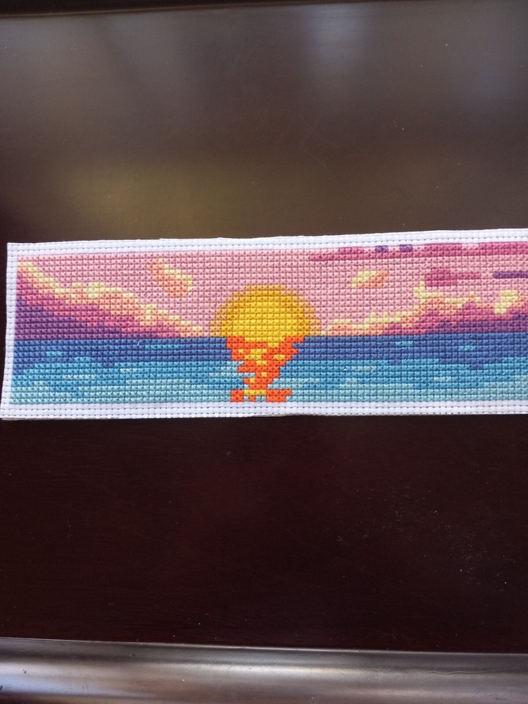Completed Cross Stitch Bookmark - Ocean  Sunset with Pink Sky