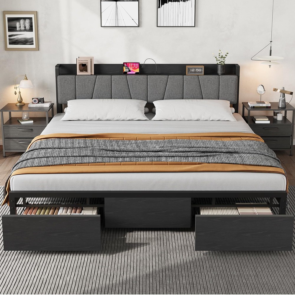 Full Size Bed Frame W/Storage Headboard Industrial Full Platform Bed W/2 Drawe