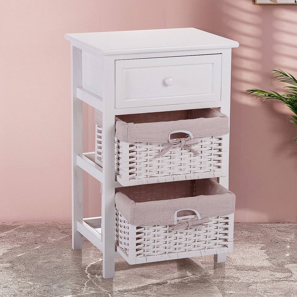 Bedside Table Modern End Table Tall Legs One Drawer Nightstand Baskets Storage