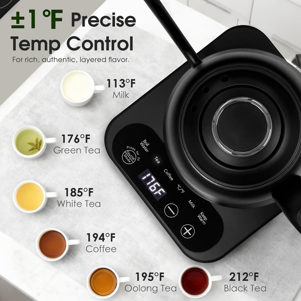 Gooseneck Kettle Temperature Control: ±1℉ Precise Target & Keep Warm, Quick H...