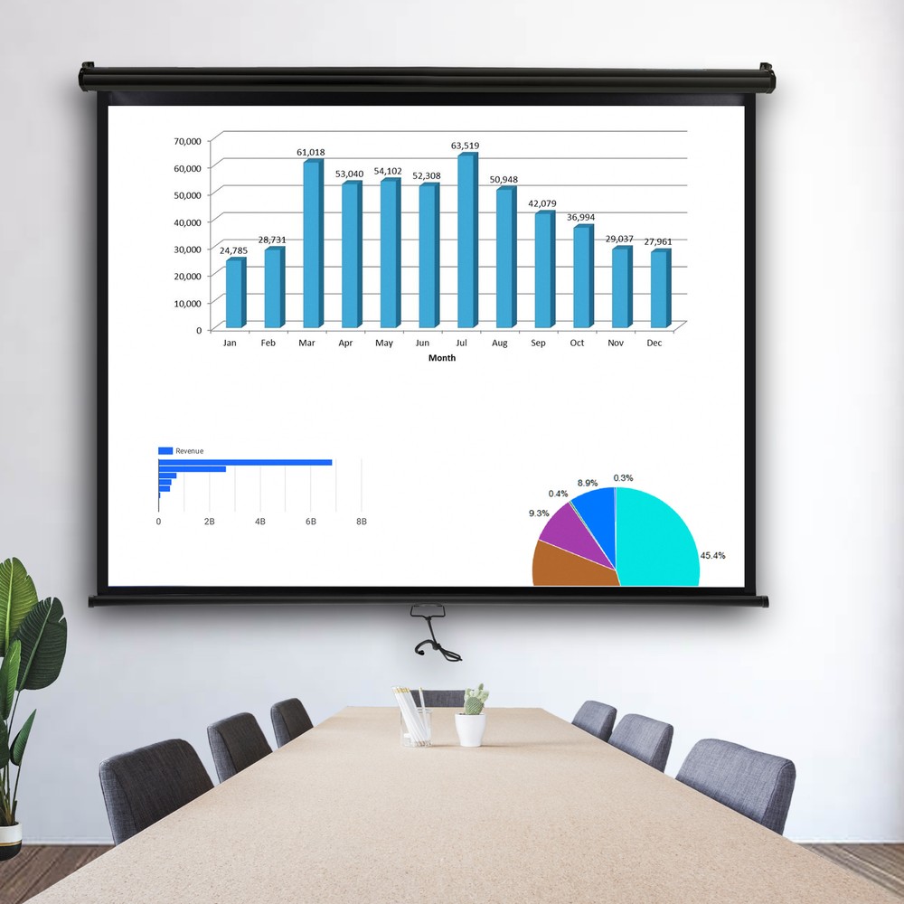 Projector Screen 100" Diagonal Projection Screen Manual Pull Down 16:10 HD Black