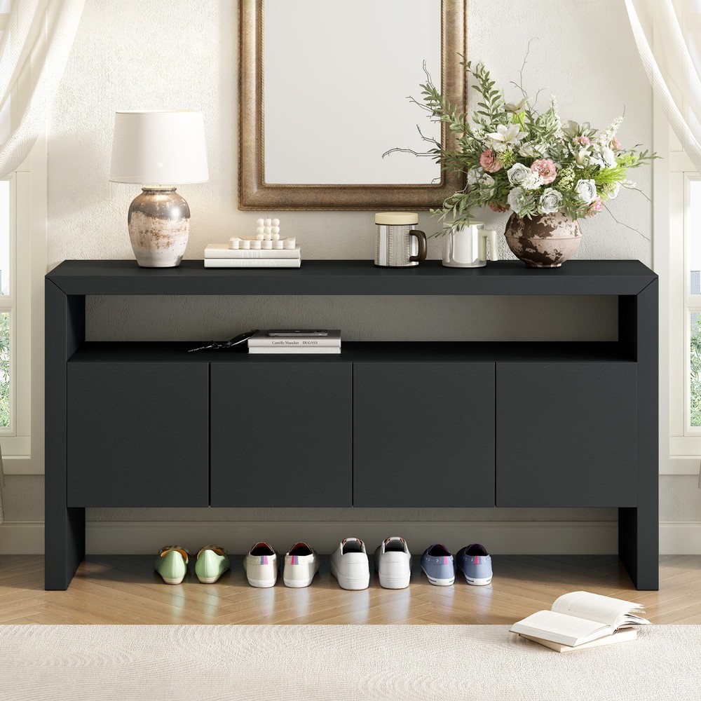60" Modern Minimalist Solid Wood Veneer Sideboard (4 Doors+Open Shelf, Natural