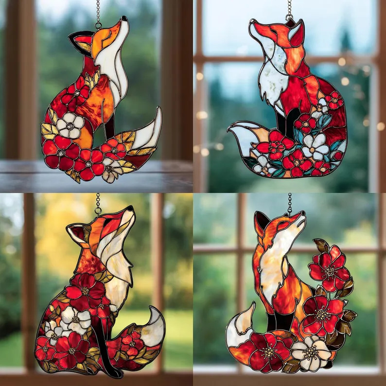 Red Floral Fox Suncatcher Acrylic Window Decor Gift