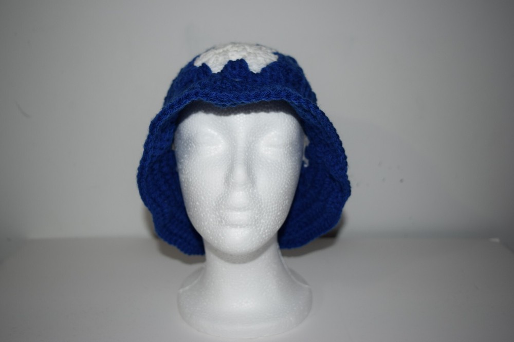 Knitted Bucket Hat Handmade Single Blue and White