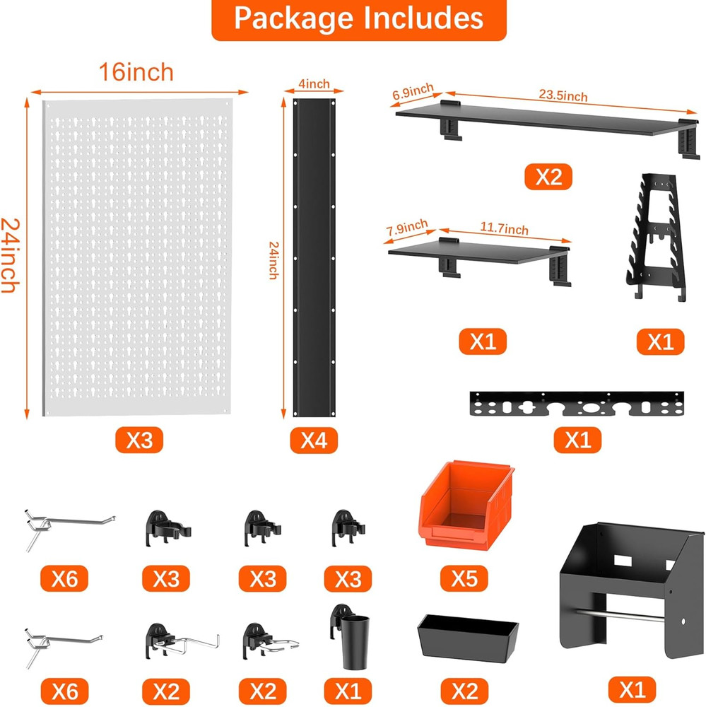 Pegboard Wall Organizer 4 Ft. Garage Metal Pegboard Tool Organizer System, Tools
