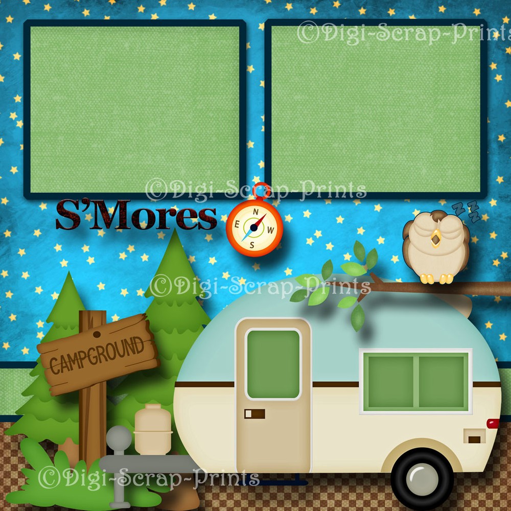 OUTDOORS CAMPING 2 premade scrapbook pages paper piecing layout DIGISCRAP #A0128