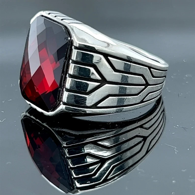 Men Ruby Red Stone Ring 925 Sterling Silver Ottoman Handmade Gift For Him